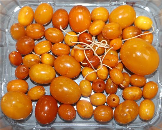 A quantity of loose graduated oval amber beads, gross weight 81 grams.